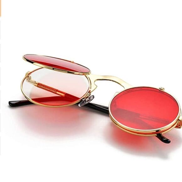 Round Red Lens Flip Up Clear Metal Frame Sunnies Sunglasses NEW - Picture 2 of 4